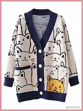 Oversized Cat Print V-Neck Knit Cardigan Button Down Kawaii Sweater